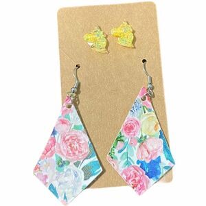 Unicorn Studs Floral Diamond Shaped Dangle Statement Earrings Set Novelty Yellow